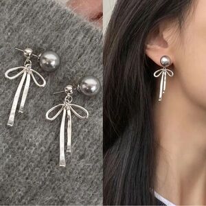 New Bow Knot Plated Drop Faux Pearls Earrings French style Stud Drop Dandle